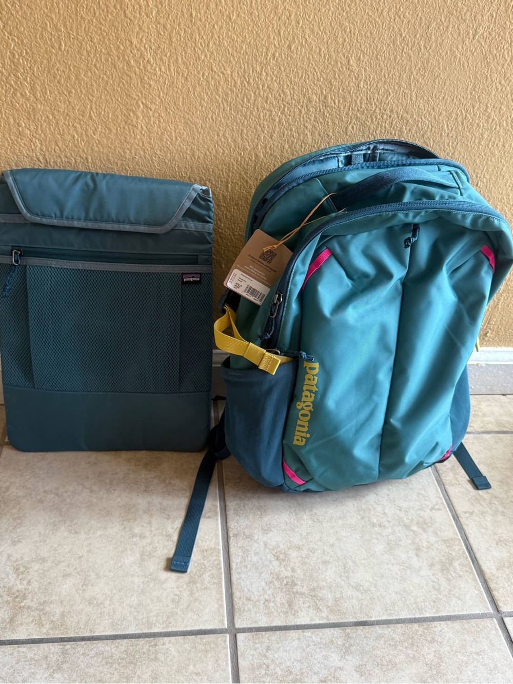 Patagonia Teal and Pink Men's Backpack with Yellow Logo Accent